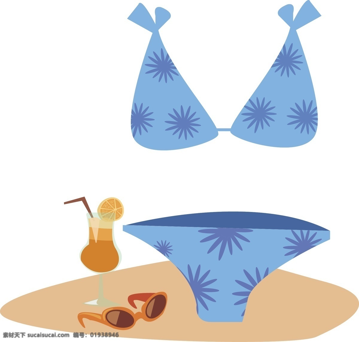 蓝色 花纹 泳衣 休闲 柠檬汁 太阳镜 卡通手绘 沙滩
