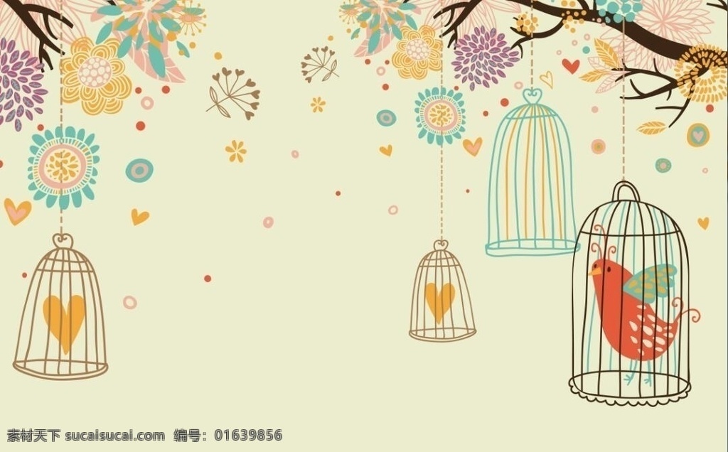 多彩大树鸟笼 大树 鸟笼 爱心 小鸟 树枝 花朵 花瓣 矢量 背景墙移门 生物世界 树木树叶