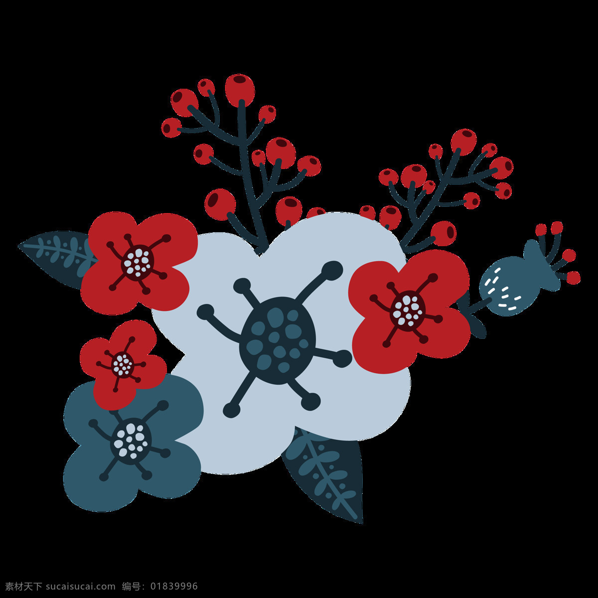 手绘 花草 植物 红花 透明 花朵 红色 蓝色 免扣素材 树叶 透明素材 装饰图片