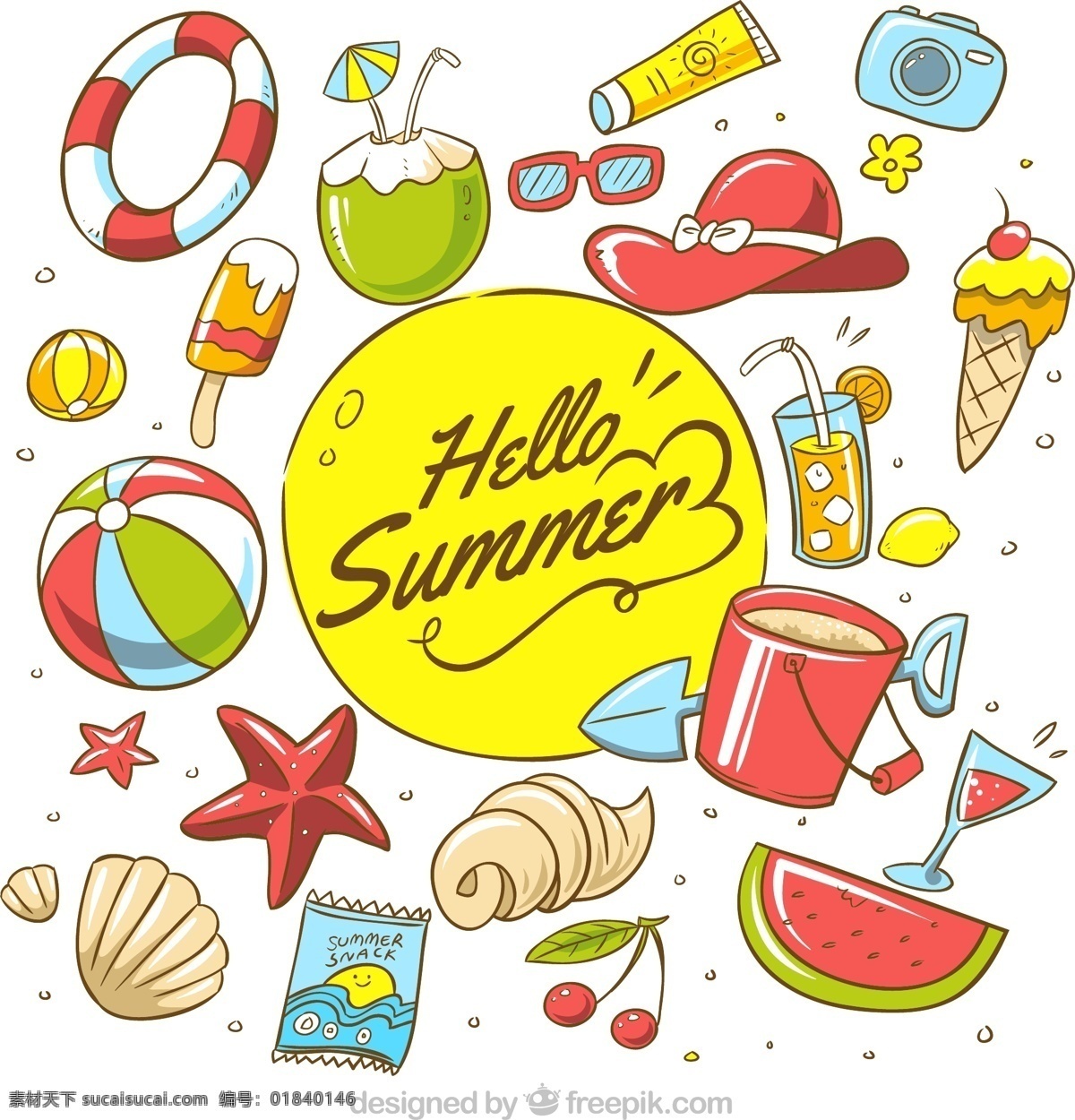 款 彩色 夏季 元素 矢量图 冰淇淋 贝壳 西瓜 零食 游泳圈 椰子 雪糕 球 太阳镜 太阳帽 水桶 铲子 海星 海螺 照相机 防晒霜 鸡尾酒 樱桃 度假