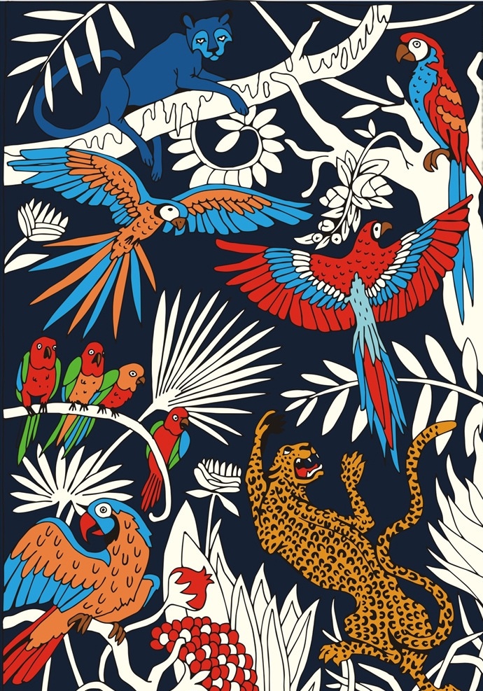 热带动物植物 里约热内卢 里约 热带 热带图案 热带动物 豹子 鹦鹉 豹子图案 豹子剪影 热带植物 叶子 飞翔的鹦鹉 飞翔的鸟 彩色鸟 矢量图案共享 服装设计