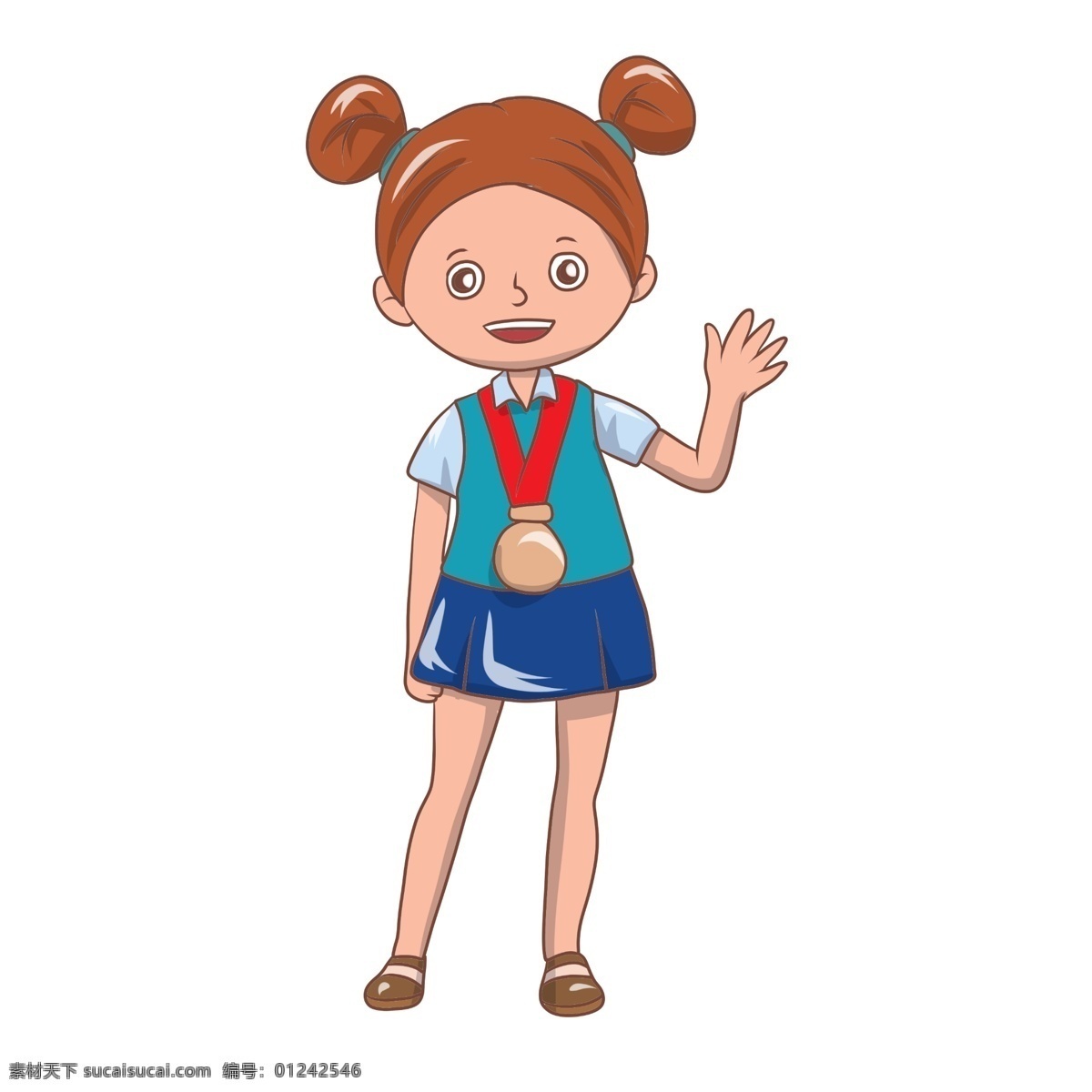 手绘 领奖 女孩 插画 奖牌 卡通女孩 手绘奖牌 手绘女孩 蓝色裙子 奖牌插图 获奖女孩 领奖女孩插画