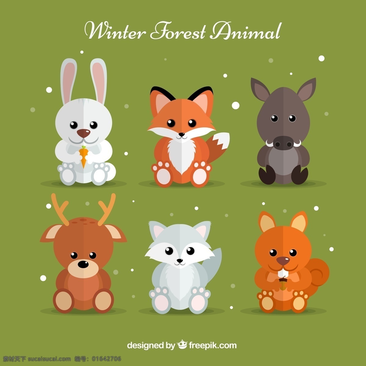创意 坐姿 森林 动物 兔子 狐狸 野猪 驯鹿 浣熊 松鼠 雪花 生物世界 野生动物