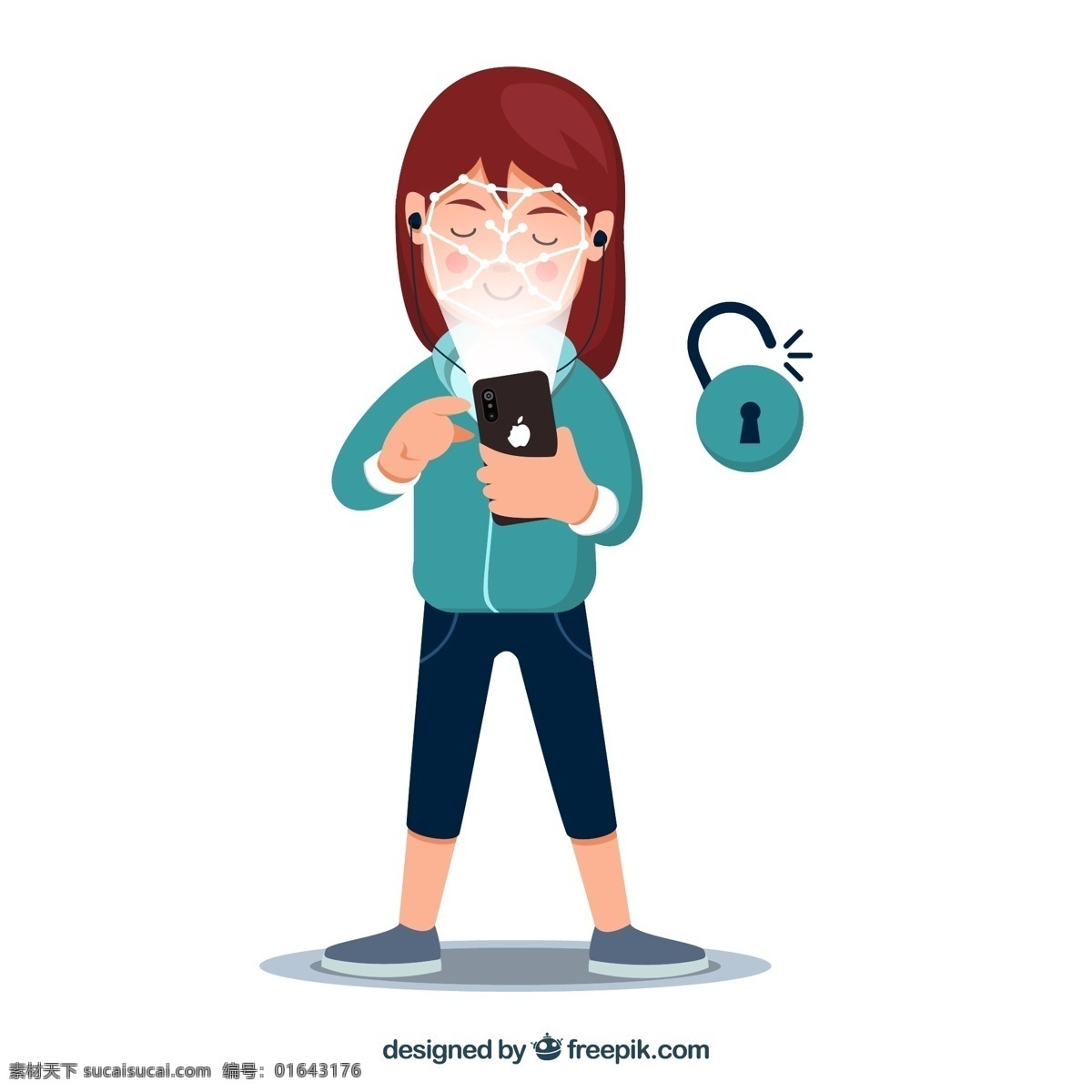 人脸 识别 解 锁 女子 苹果手机 创意 手机 锁头 矢量 高清图片