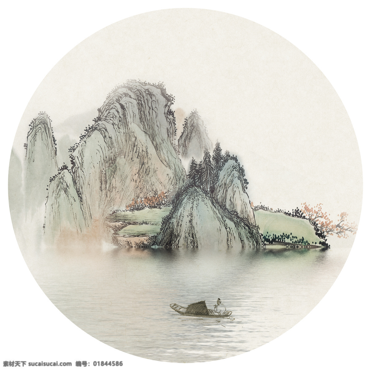 圆形 水墨 山水 装饰画 山水装饰画 壁画 水墨船