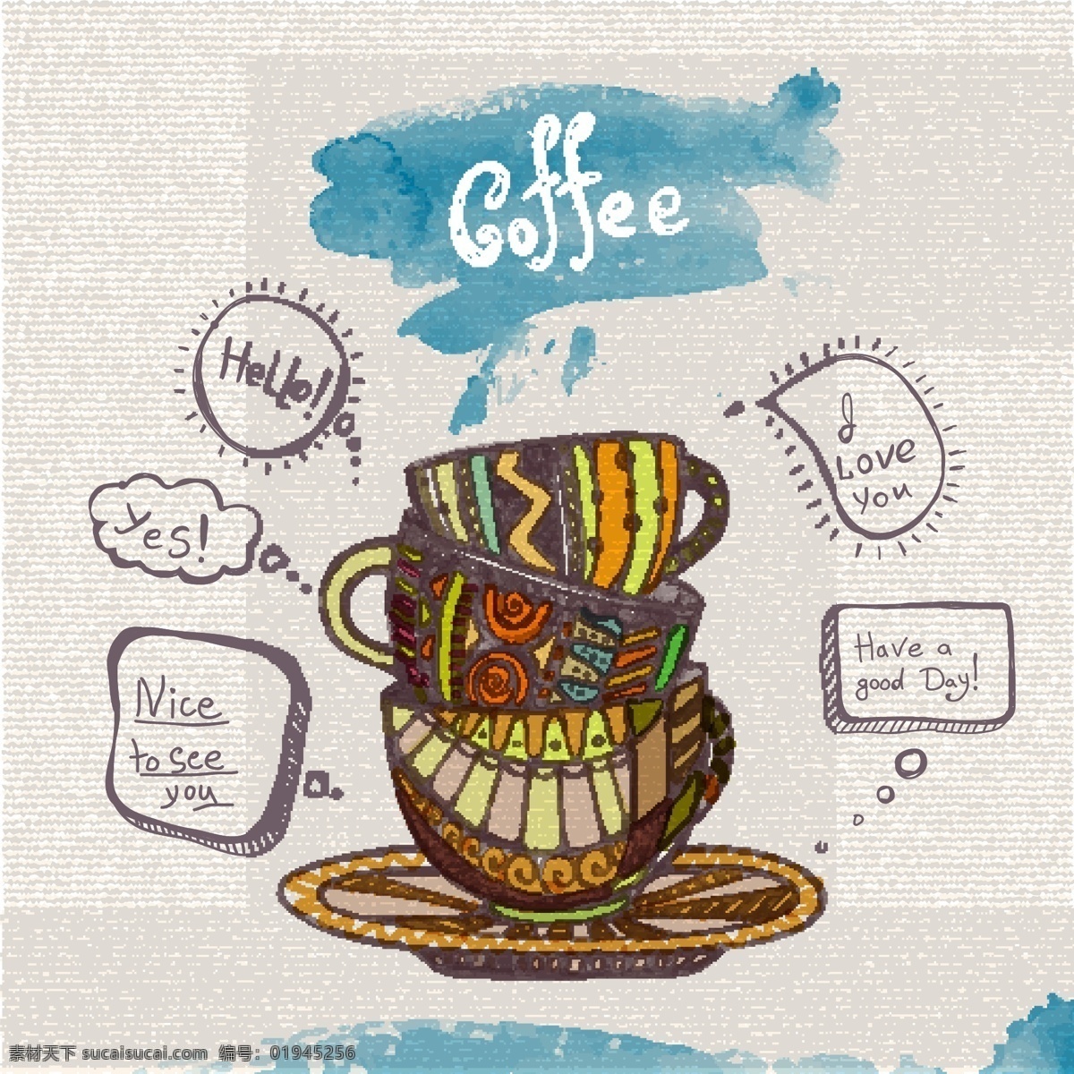 手绘 民族 风 咖啡杯 标志图标 卡通 可爱 美食 美味 矢量素材 自然景观 自然风光