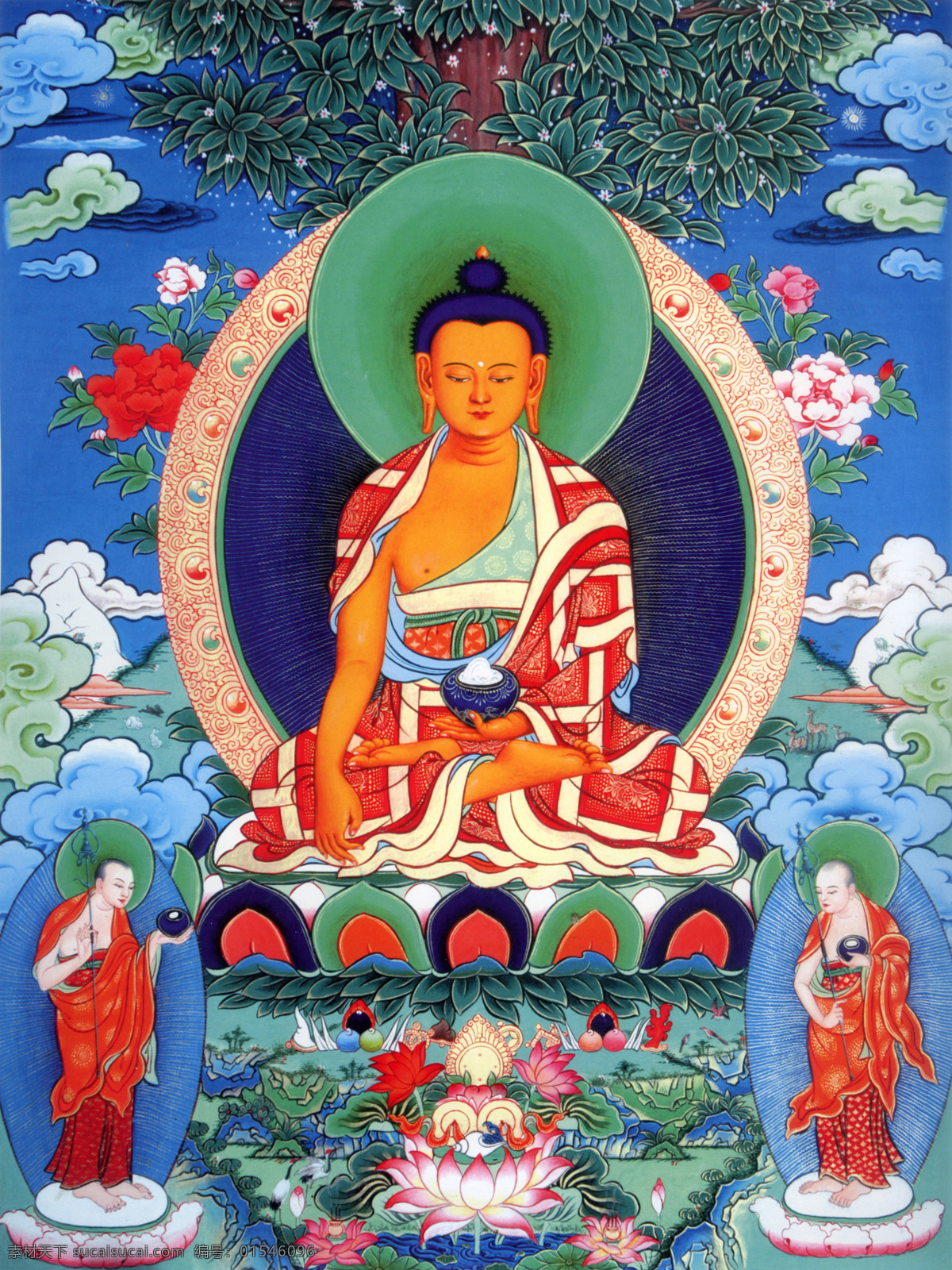 释迦牟尼 二 使者 唐卡 西藏 菩萨 藏文化 佛教 绘画 宗教绘画 书画 文化艺术 宗教信仰