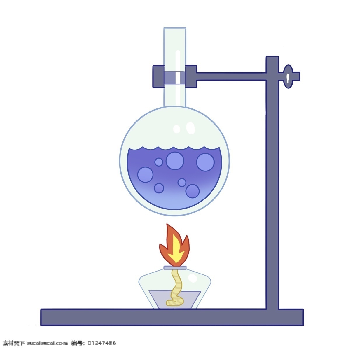 卡通化 学 实验台 插画 化学实验台 圆形的烧杯 酒精灯 卡通烧杯插画 化学实验 实验用具 蓝色液体