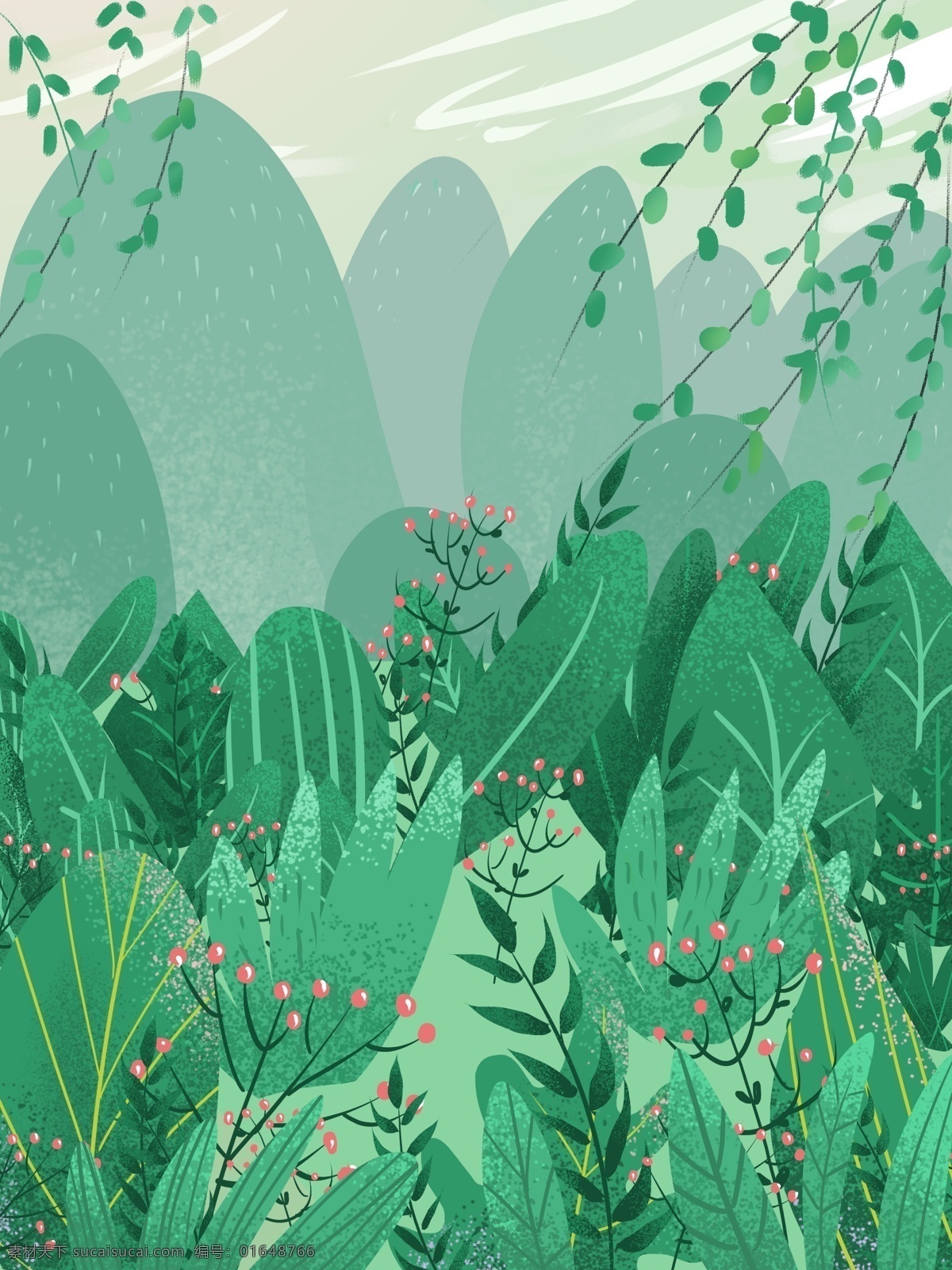手绘 春天 绿色 树林 背景 绿色植物 绿色背景 山峰 树林背景 广告背景 背景素材