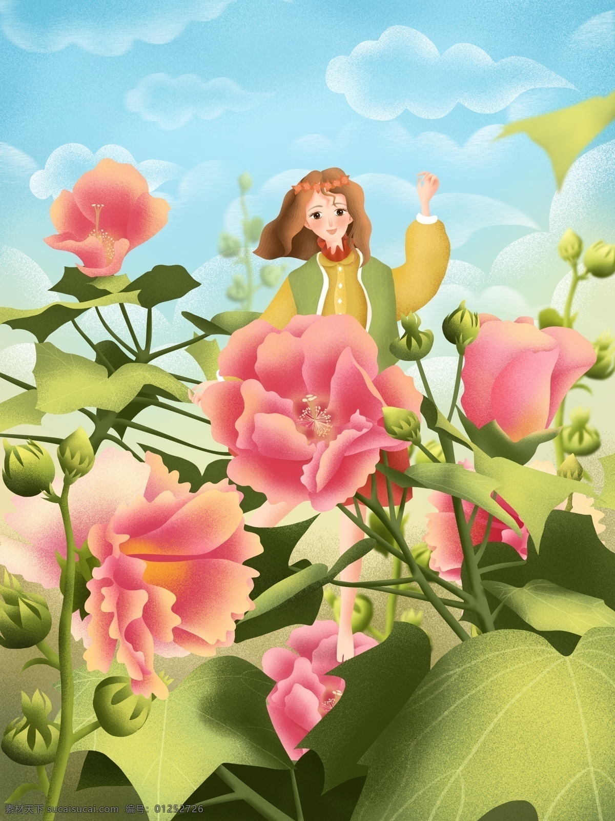 原创 手绘 治愈 系 插画 唯美 三月 女孩 花 植物 叶子 自然 蓝天白云 唯美三月 手绘插画