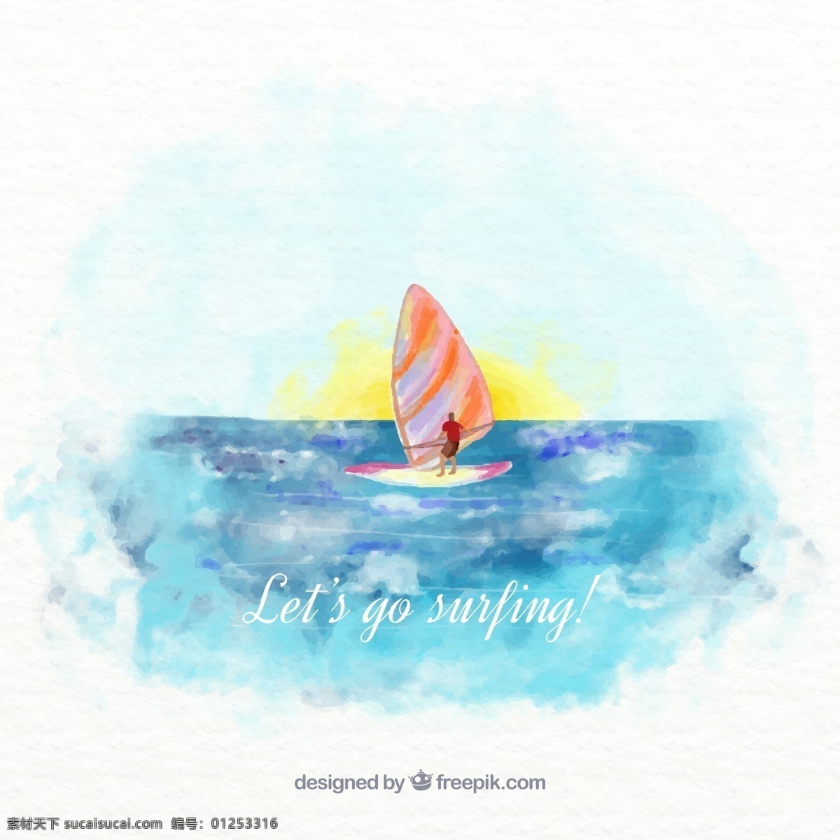 水彩 绘 大海 中 冲浪 帆板 矢量 风景 水彩绘 帆船 体育 运动 插画