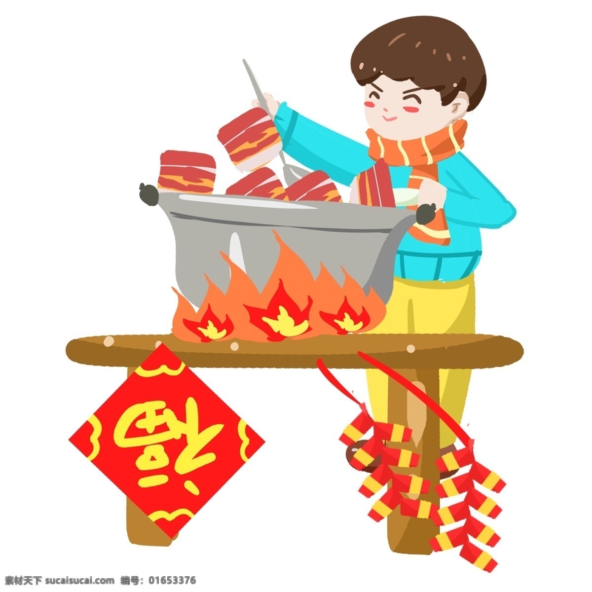 春节习俗 炖 大肉 手绘 插画 小清新 春节 可爱 和谐 年画 农历新年 2019 复古装修 习俗 开心 新年 腊月 买年货