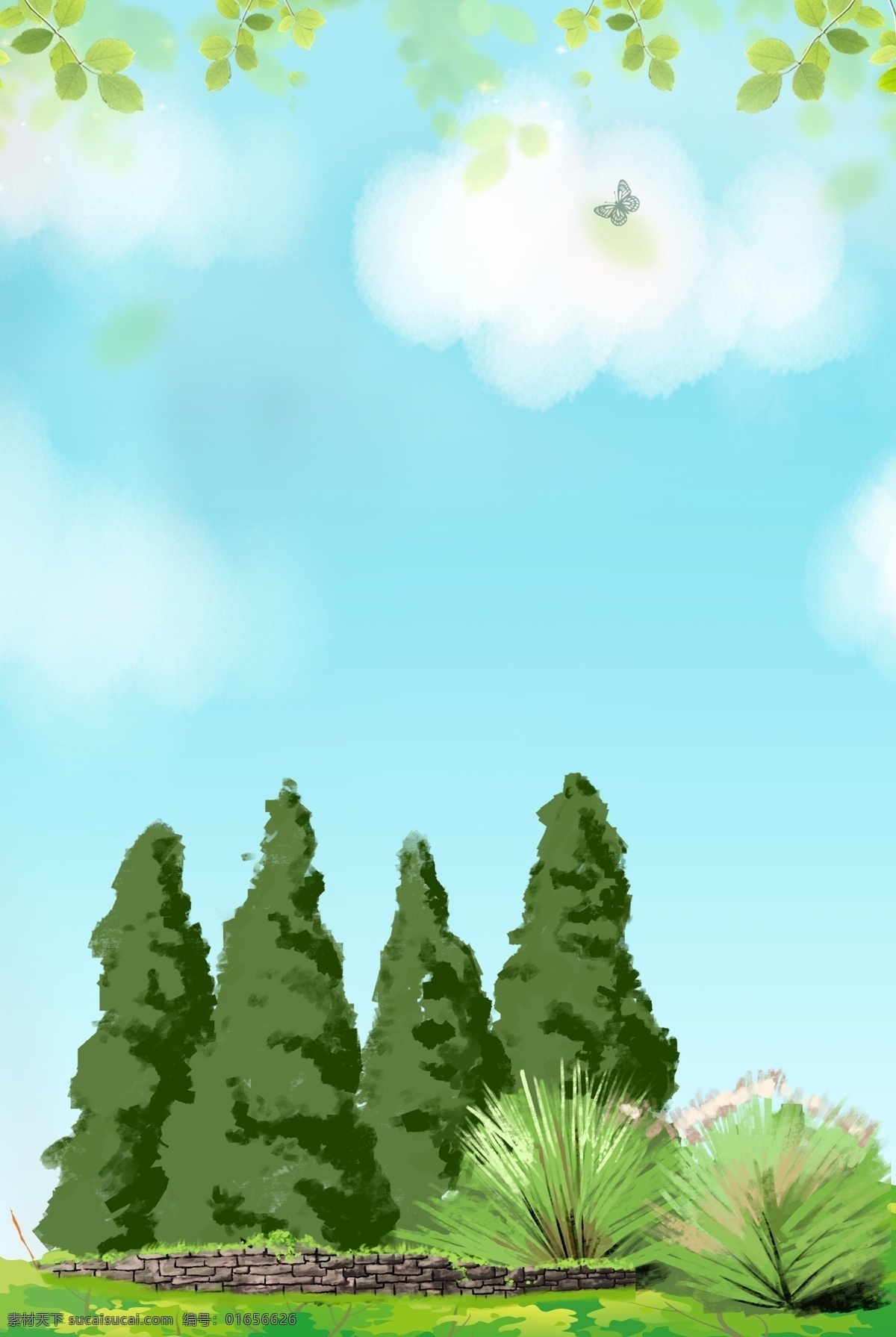 卡通 自然风景 春季 简约 合成 背景 风景 绿色 绿植 树木 出游 手绘 创意