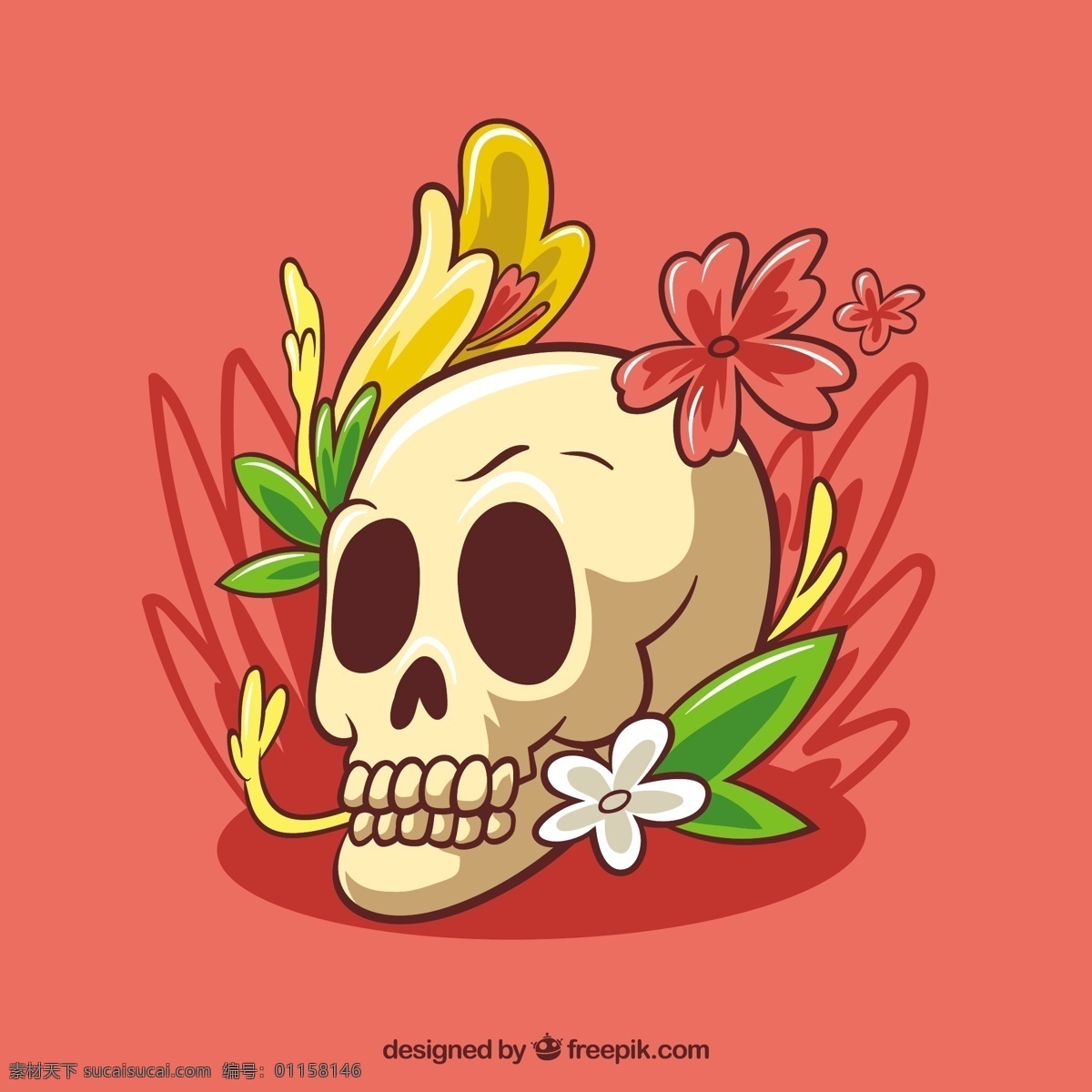 头骨 背景 手工 绘制 花朵 花卉 手 自然 花卉背景 手绘 装饰 绘画 自然背景 骨骼 背景花 哥特式 草图