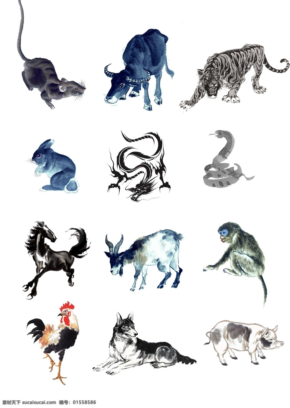 生肖 水墨画 12生肖 中国风 动物水墨 国画动物 海报素材