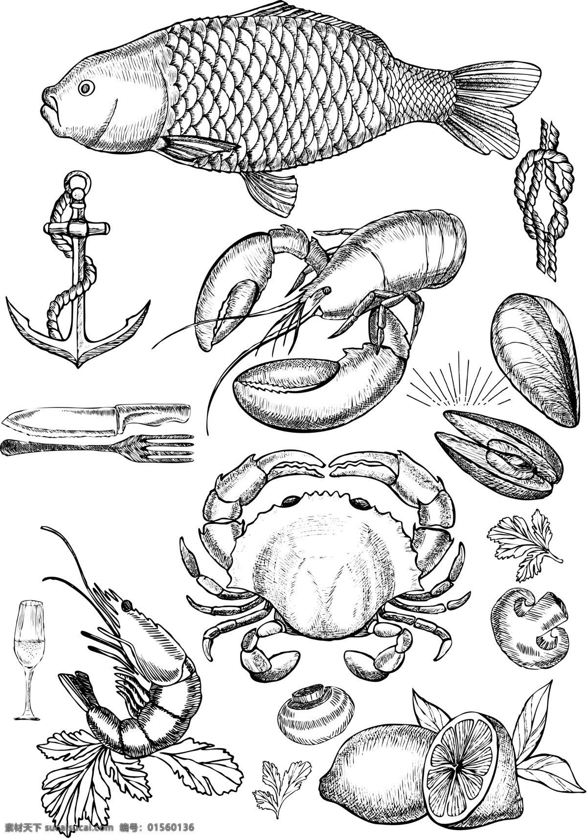 手绘 素描 简笔 海鲜 水果 餐具 源文件 鱼类 贝壳类 柠檬 刀叉 装饰图案