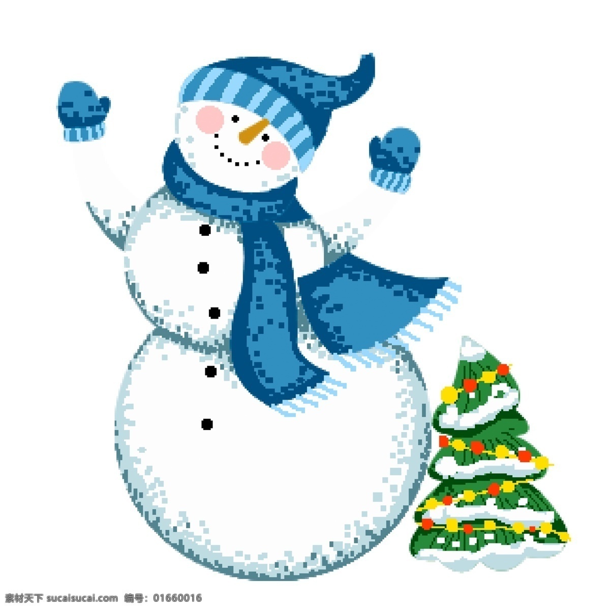 手绘 卡通 三个 圆球 堆 成 戴 蓝色 帽子 雪人 蓝色帽子 圣诞节 开心 圣诞树 跳舞的雪人 蓝色围巾