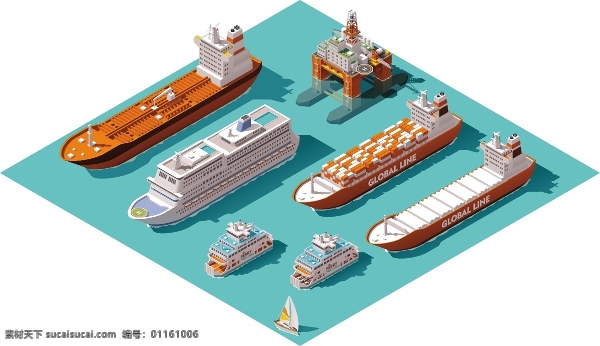 卡通轮船插画 等距插画 卡通轮船 货轮 海上运输 卡通帆船 其他模板 矢量素材