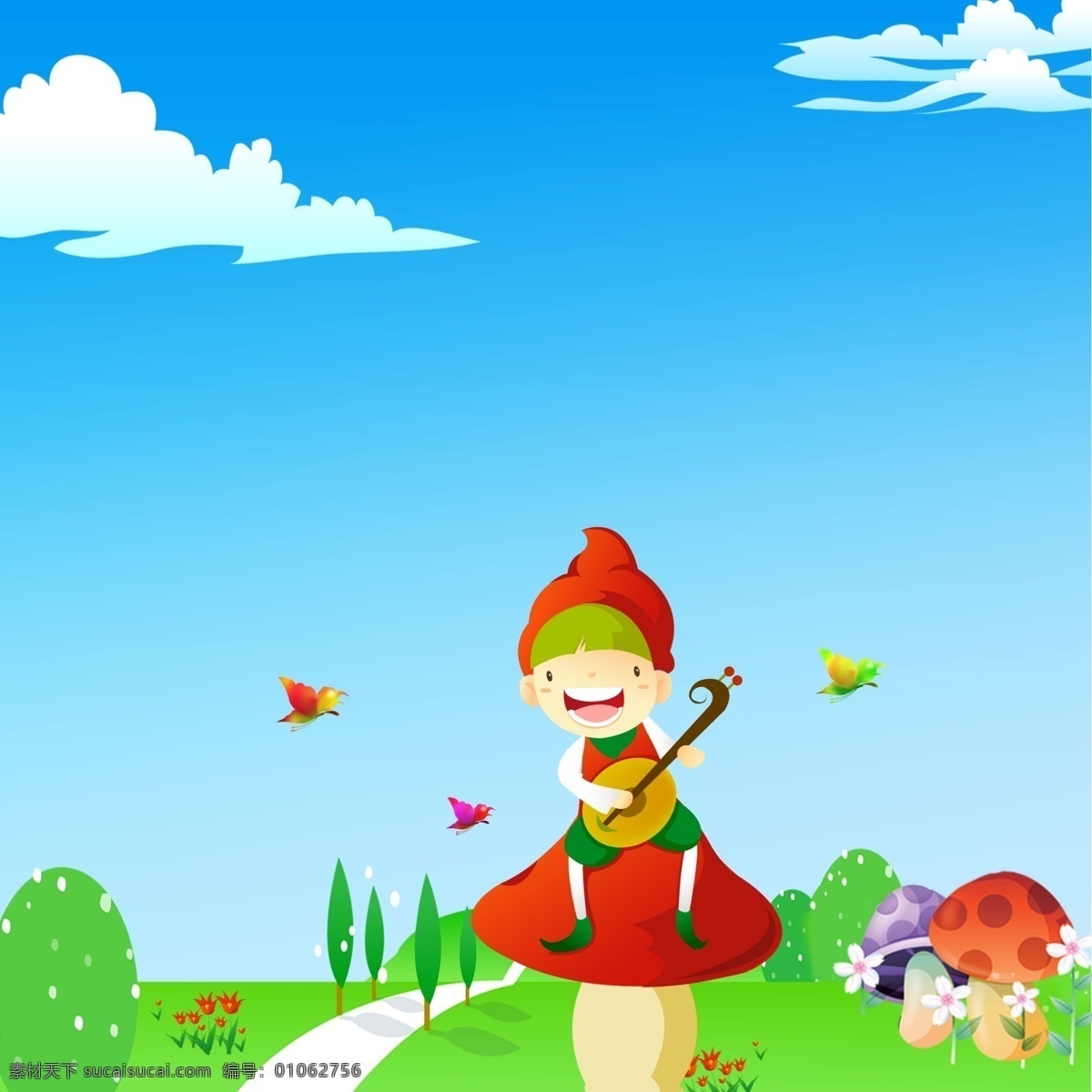 小红帽 伙伴 玩伴 蝴蝶 魔符 树木 卡通 蓝天白云 动漫动画 动漫人物