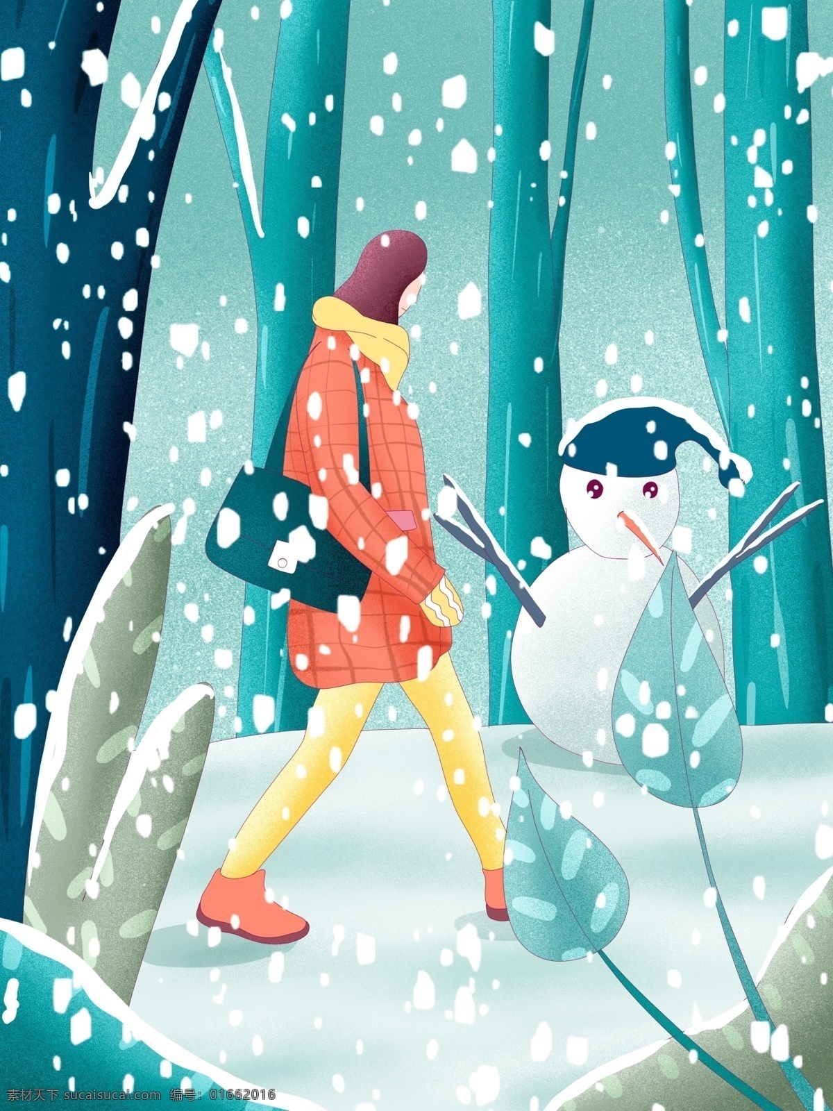 冬天 你好 手绘 海报 插画 壁纸 冬季 女孩 植物 树林 下雪 雪 雪人
