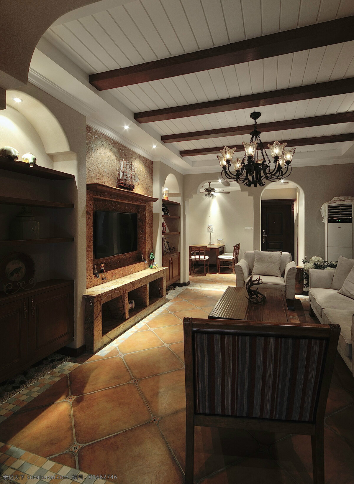 美式 舒适 风格 客厅 壁炉 室内装修 效果图 瓷砖地板 木制桌子 木制电视柜 铁艺吊灯 白色沙发