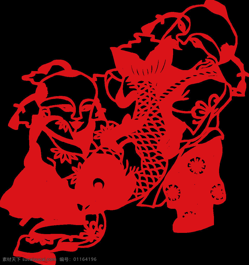 中式 新年 娃娃 抱 鱼 窗花 剪纸 元素 png元素 过年素材图片 红色 免抠元素 透明元素 中国风