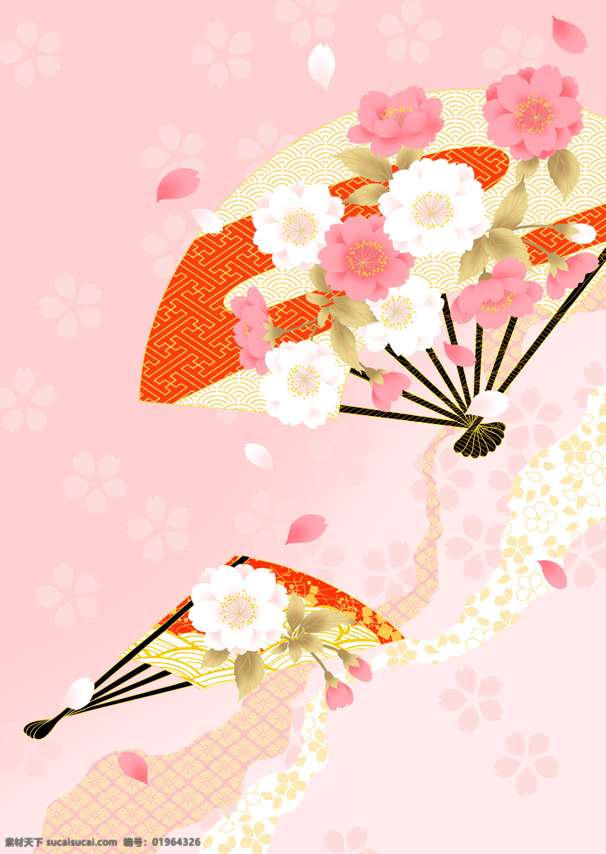 日本 风格 中 色彩 八重樱 扇子 底纹边框 背景底纹 设计图库
