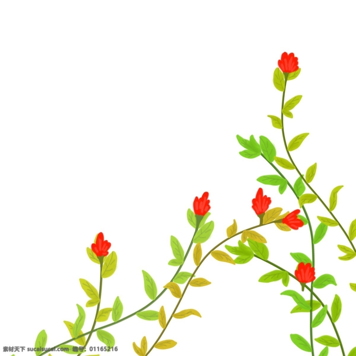 春夏 前景 花叶 草 植物 手绘 插画 春 夏 花 叶 红色 绿色 清新 唯美 自然 郊外 野外