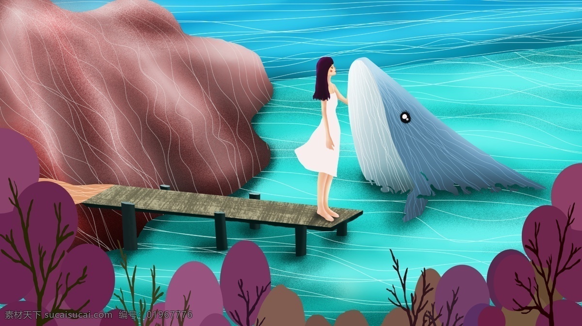 大海 鲸 原创 插画 女孩 唯美 植物 清新 鲸鱼 人与动物 少女 桥