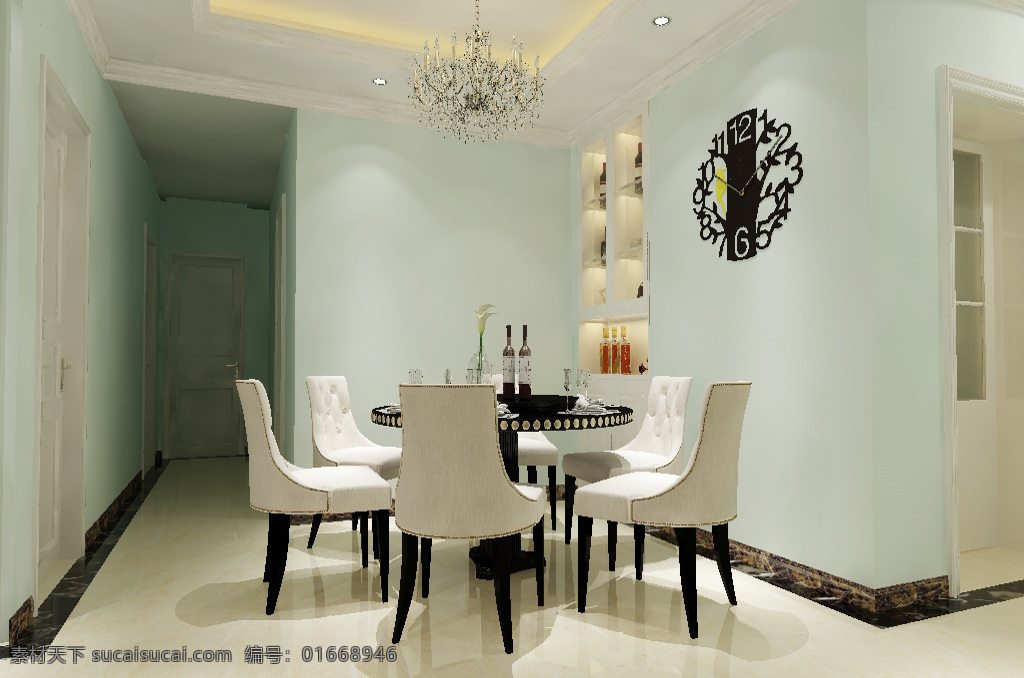 现代 风格 欧式 餐厅 背景墙 地板 沙发 窗帘 大理石 吊灯 挂画 模型 效果图 椅子 餐桌 茶几 门