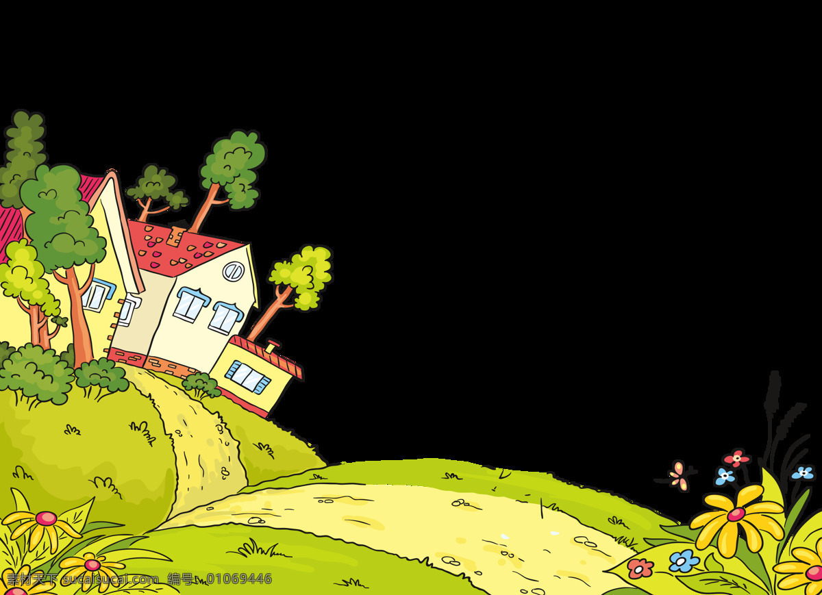 卡通 绿色 草坪 绿树 小屋 元素 童话 春天 房屋 乡村 小树 png元素 免抠元素 透明元素