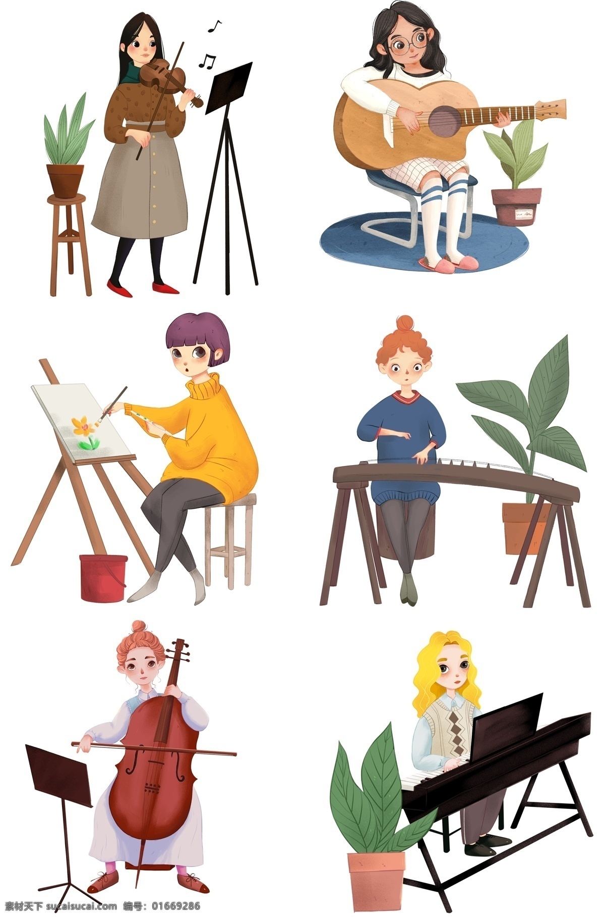手绘 弹奏 美妙 音乐 女孩 插画 卡通 绘画 美妙音乐 盆栽 弹奏乐器 乐器弹奏人物 弹奏乐器人物 可爱人物 演奏 演唱会