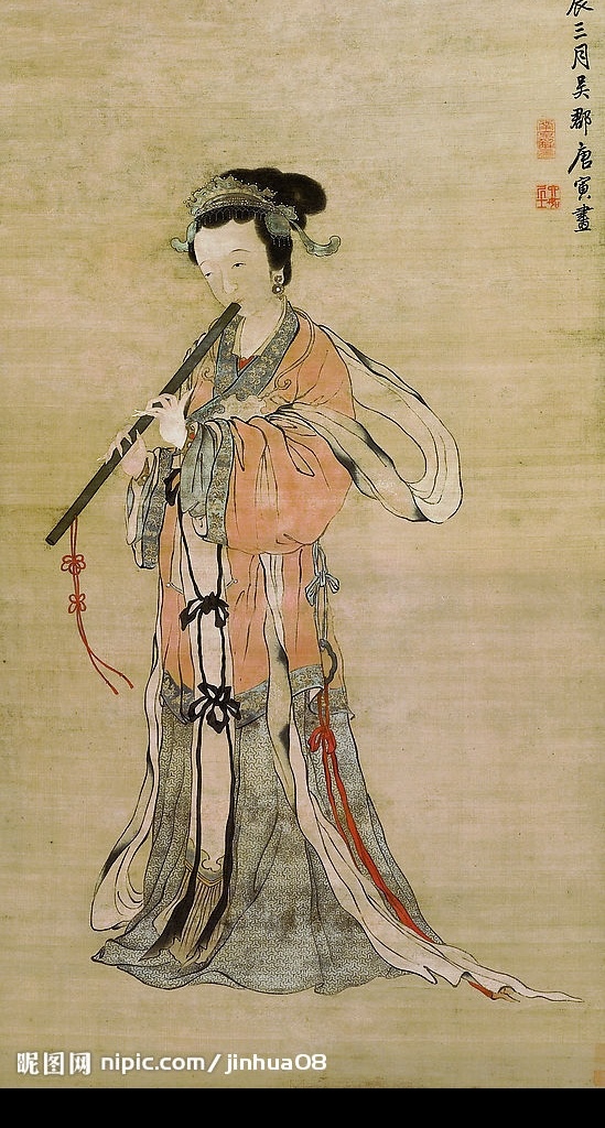 吹萧仕女 古代传统 唐寅 绘画 文化艺术 绘画书法 设计图库