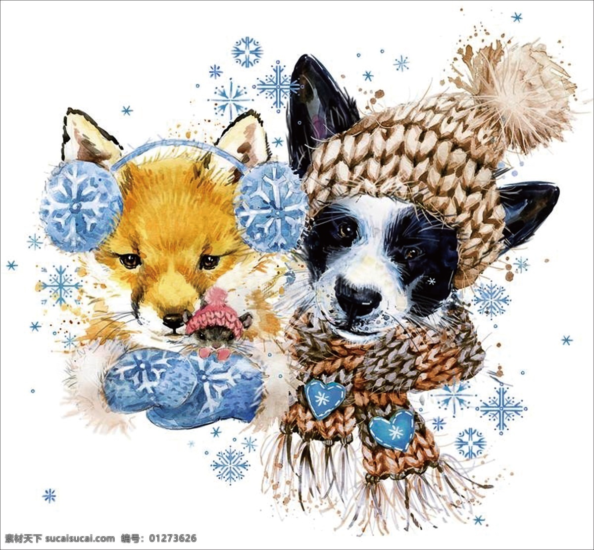 狗 狐狸 手绘 围巾 毛球 雪 耳机 雪花 水彩 彩绘 插画 文化艺术 绘画书法