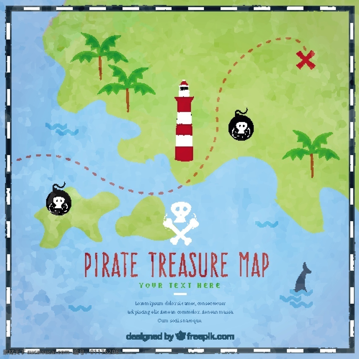 绿色 海盗 藏 宝 地图 背景 海盗藏宝地图 蓝色背景 绿色小岛 骷髅图 海洋 路线图 椰子树 灯塔