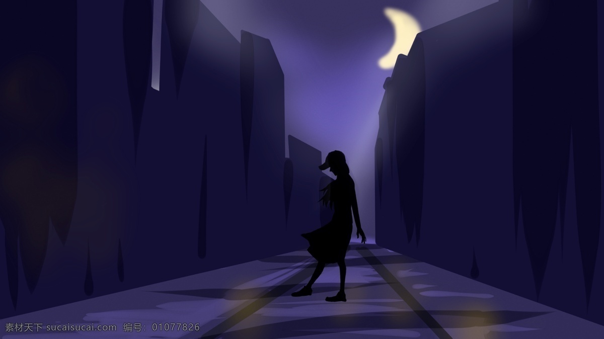 午夜 老城区 月下 孤独 少女 原创 插画 建筑 月光 影子 昏暗