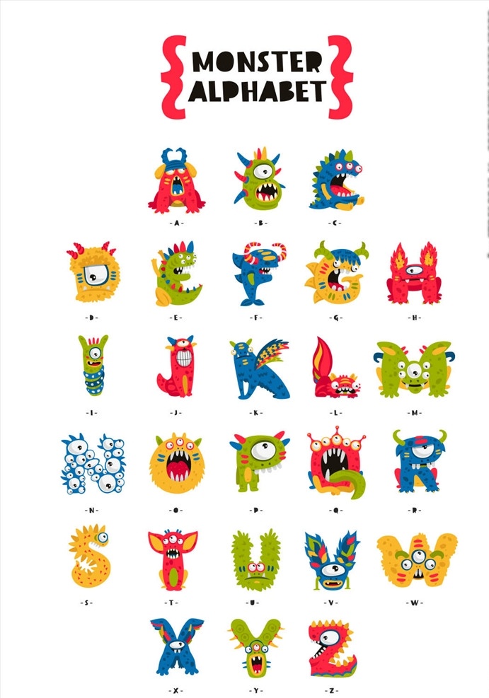 怪兽字母矢量 怪兽 字母 字母设计 矢量 可爱 卡通 abc 矢量人物 矢量场景 动漫动画 动漫人物