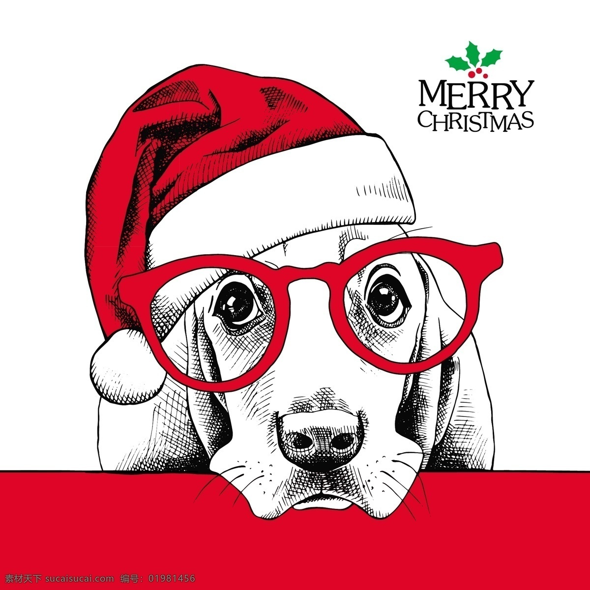 圣诞 帽 狗 可爱 动物 圣诞节 海报 矢量 眼镜 红色 卡通 圣诞节卡片 插画 铅笔画 黑白 圆圈