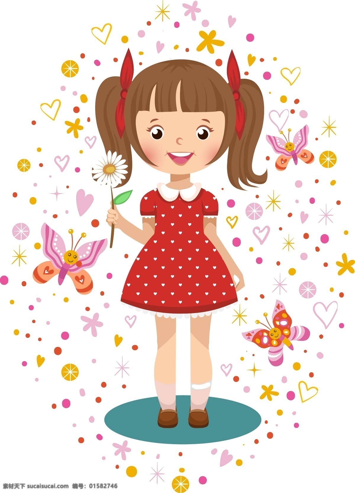 手绘 可爱 女孩 元素 卡通 波点 裙装 演唱 棒棒糖 彩色 蝴蝶