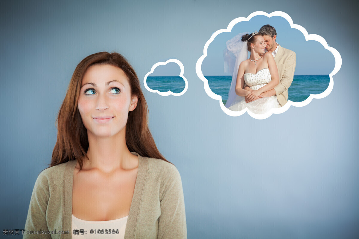 想像 婚礼 美女图片 女人 外国女人 思考 拖着下巴 对话框 想像婚礼 大海 蓝天 婚礼图片 生活百科