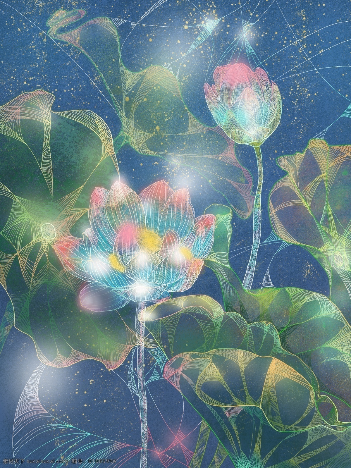 植物 复古 风 荷花 独特 透明感 插画 花卉 肌理 中国风 唯美 背景 壁纸 复古风