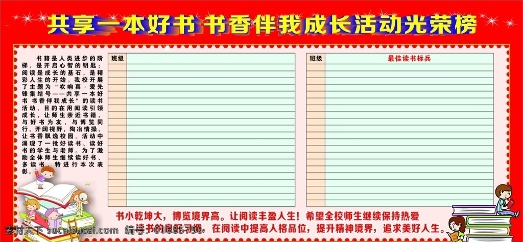 阅读之星 标兵 学校光荣榜 读书 共享一本好书 卡通儿童 读书的小孩 书籍 小朋友 学校素材 展板模板