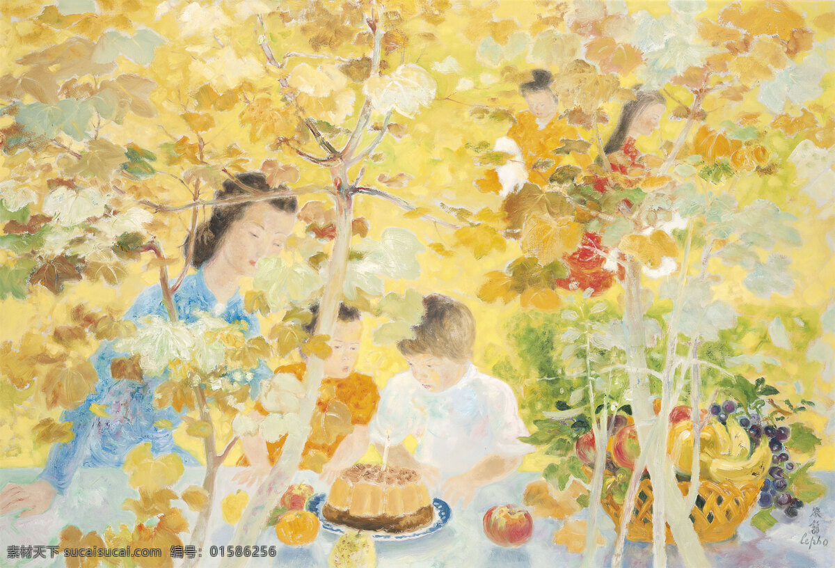 聚餐 黎谱作品 中秋时节 庭院中 孩子们 享用 蛋糕水果 现代油画 油画 文化艺术 绘画书法