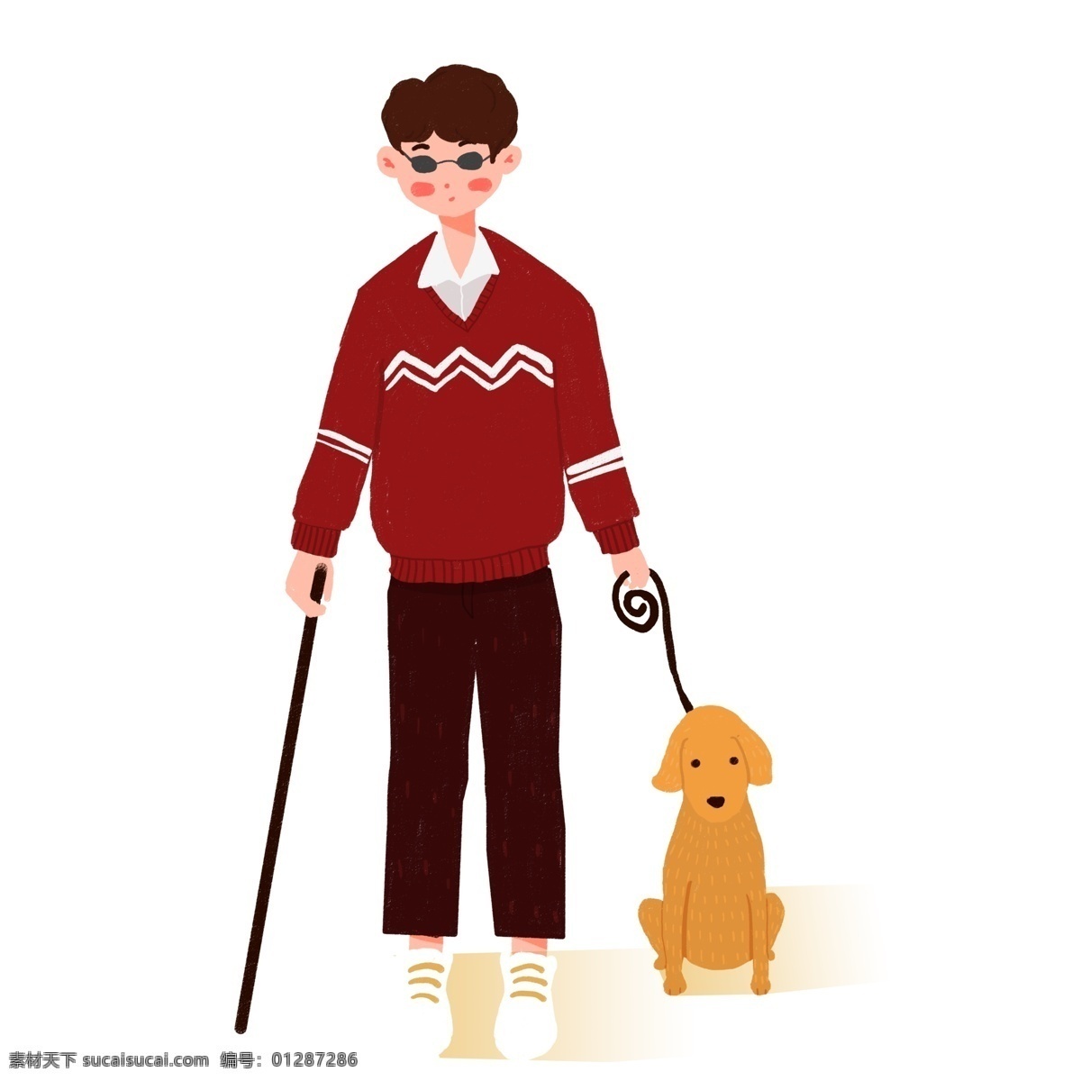 彩绘 复古 盲人 男孩 导 盲 犬 商用 元素 复古设计 人物 手绘 国际残疾人日 导盲犬 导盲棍