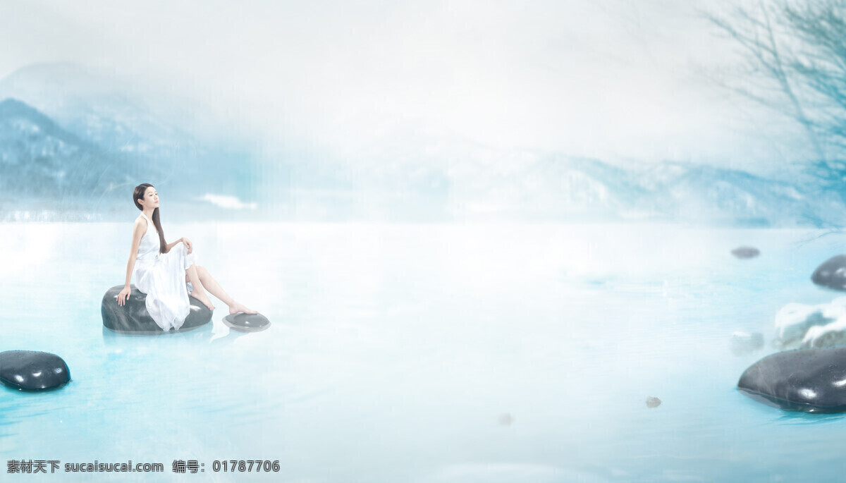 浪漫 小 清新 蓝色 湖泊 背景 中国风 水墨画 美女 山林 海报 广告背景