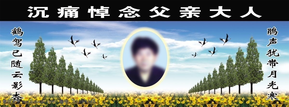 沉痛 悼念 父亲 大人 沉痛悼念 父亲大人 仙鹤 松柏 蓝天白云 鹤驾 已 云影 杳 鹃 声 犹 带 月光 寒 广告设计模板 源文件