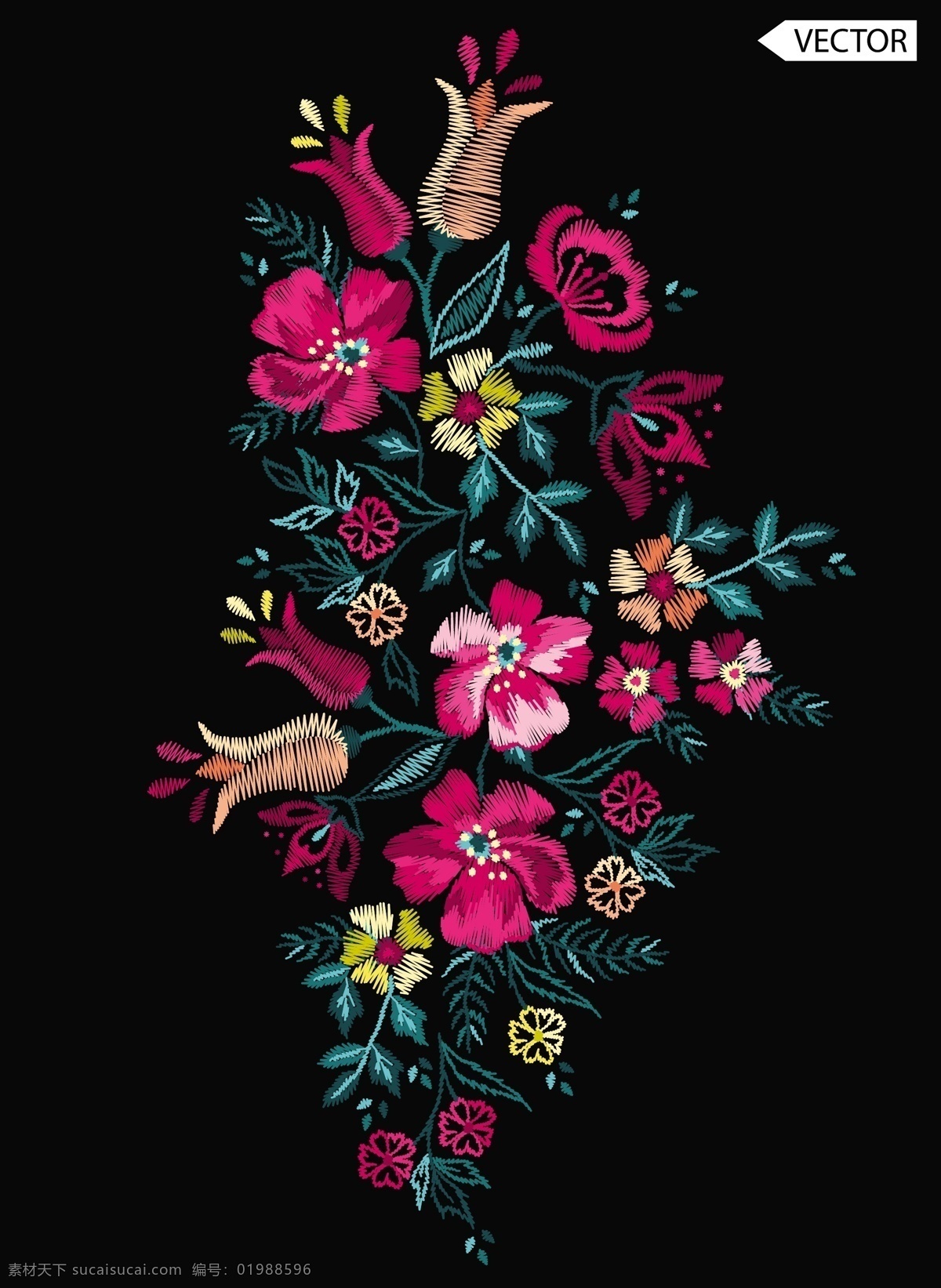 彩色刺绣花卉 彩色 刺绣 花卉 花朵 植物 花枝 插画 背景 海报 画册 矢量植物 生物世界 花草 黑色