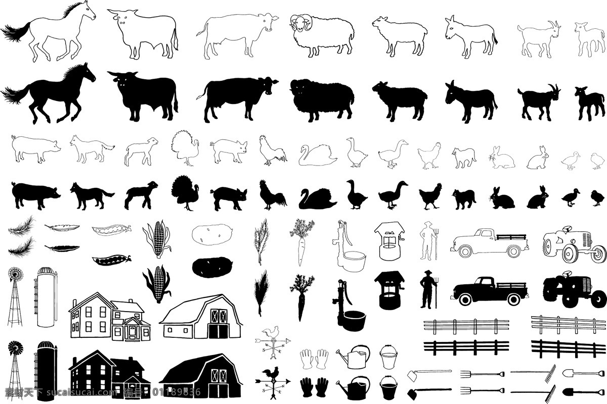 矢量 农场 动物 剪影 马 奶牛 牛 农庄 矢量动物 矢量农场
