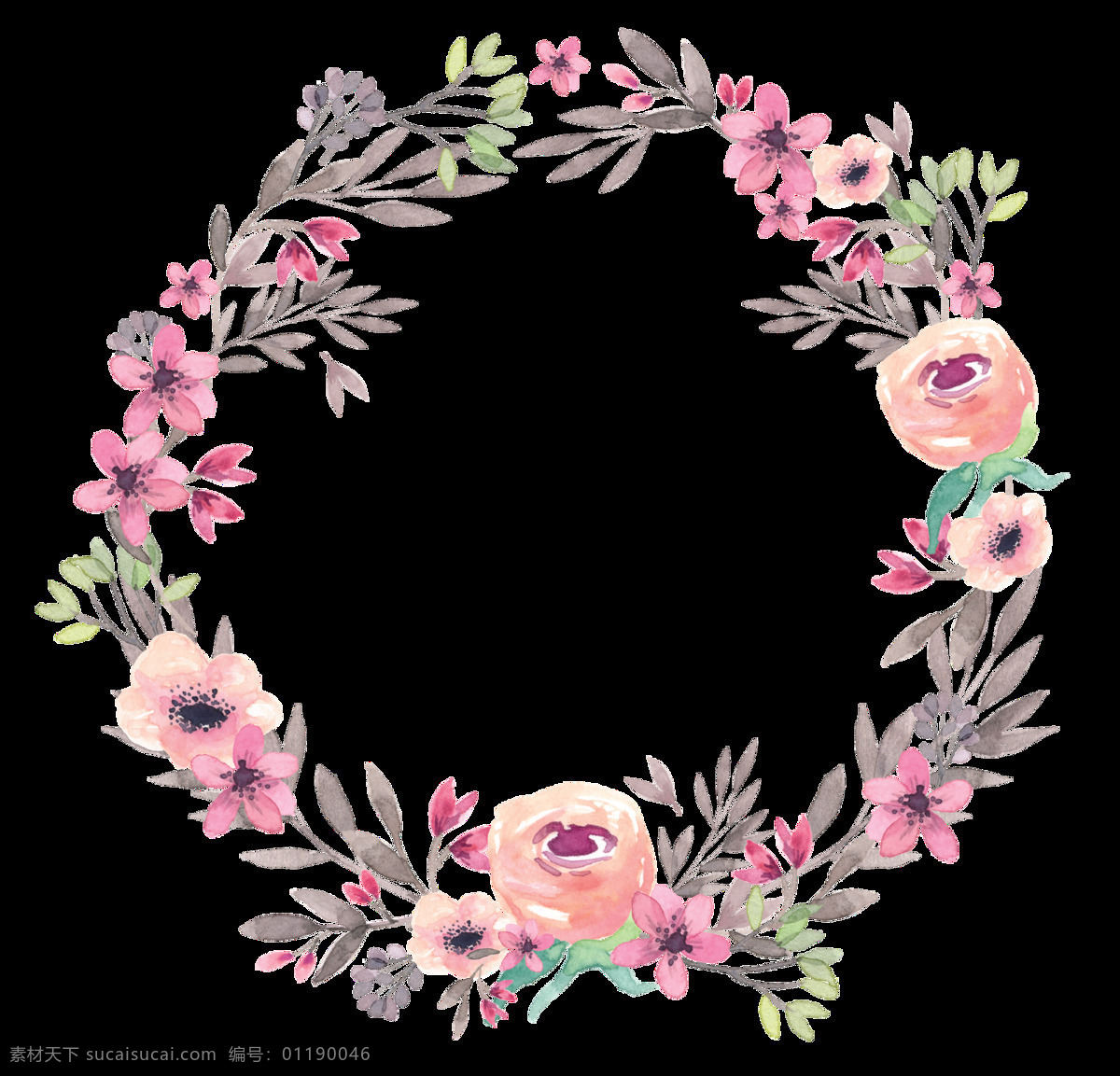 粉色花朵 花环 绿叶 玫瑰 手绘 圆形 装饰元素 粉色 烂漫 装饰 图案