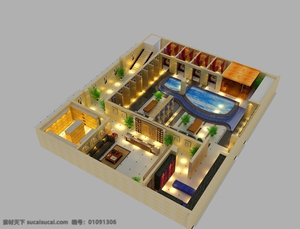 现代 洗浴 鸟瞰图 效果图 洗浴澡堂 3d设计 室内模型 max
